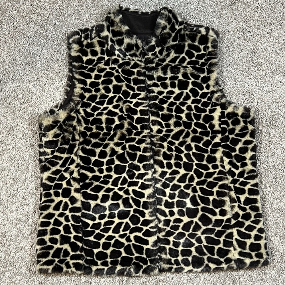 Ann Trinity Reversible Faux Fur/ Canvas Vest Large Leopard Print Brown Pockets